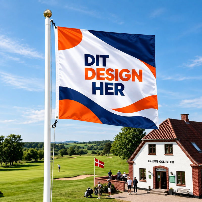 Reklameflag 100 x 100 cm i kvadratisk med logo på flagstang