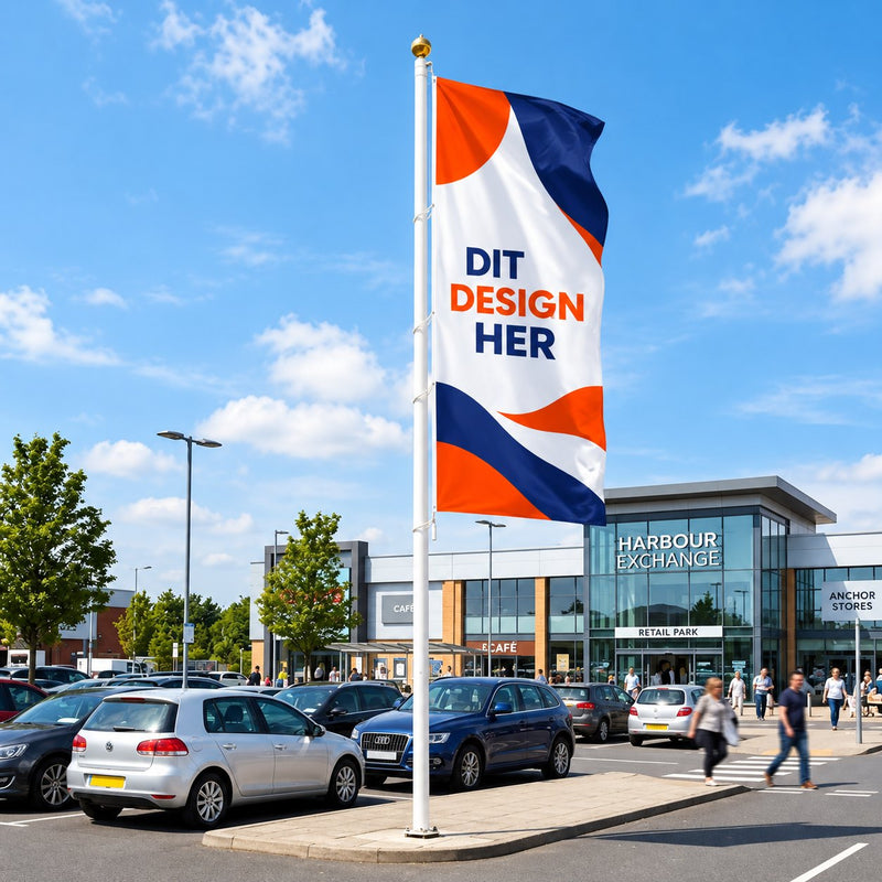 Reklameflag 120 x 300 cm i højformat med logo på flagstang