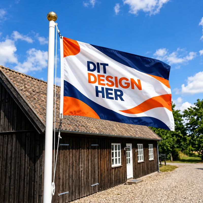 Reklameflag 150 x 100 cm i bredformat med logo på flagstang