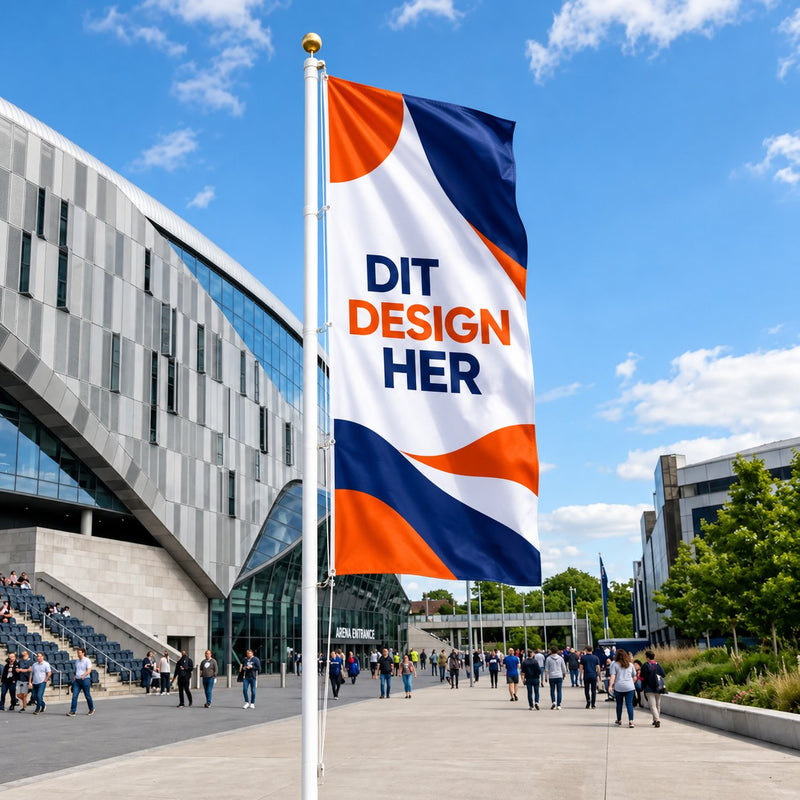 Reklameflag 150 x 325 cm i højformat med logo på flagstang