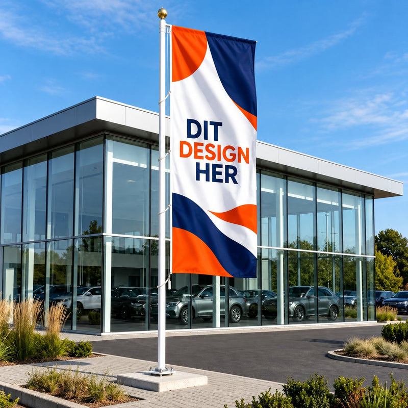 Reklameflag 160 x 400 cm i højformat med logo på flagstang