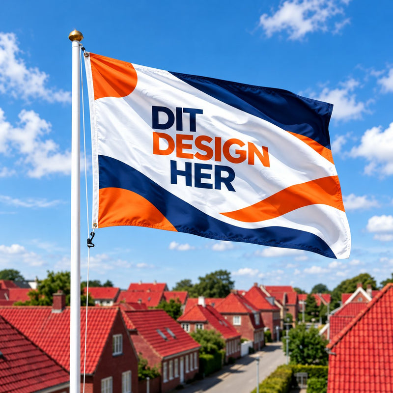 Reklameflag 175 x 130 cm i bredformat med logo på flagstang