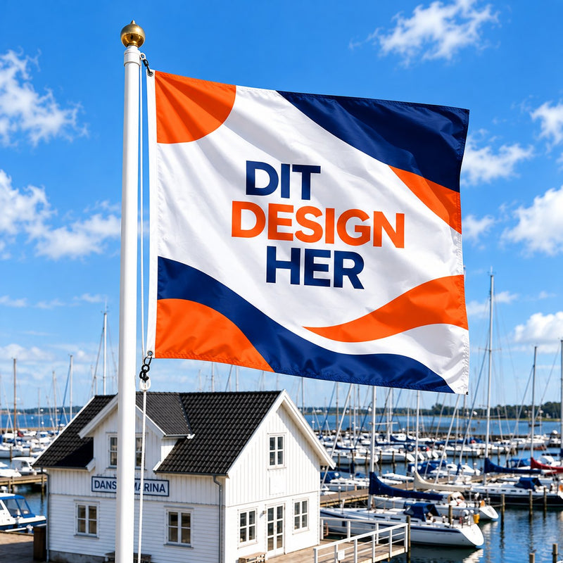 Reklameflag 200 x 200 cm i kvadratisk med logo på flagstang