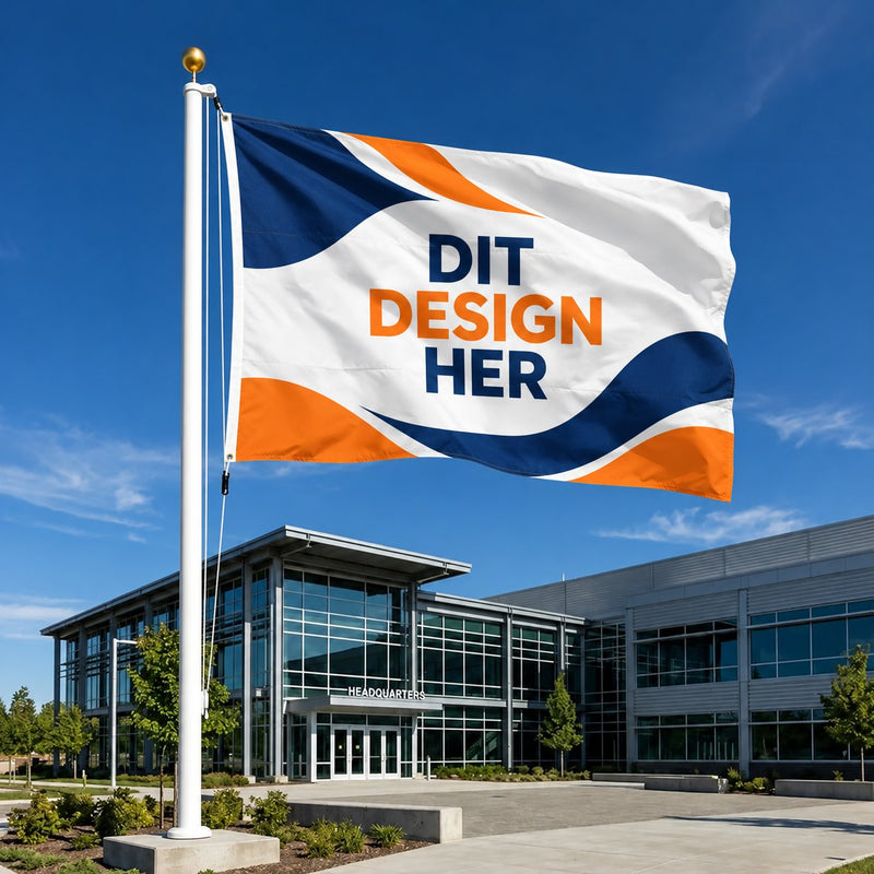 Reklameflag 300 x 200 cm i bredformat med logo på flagstang