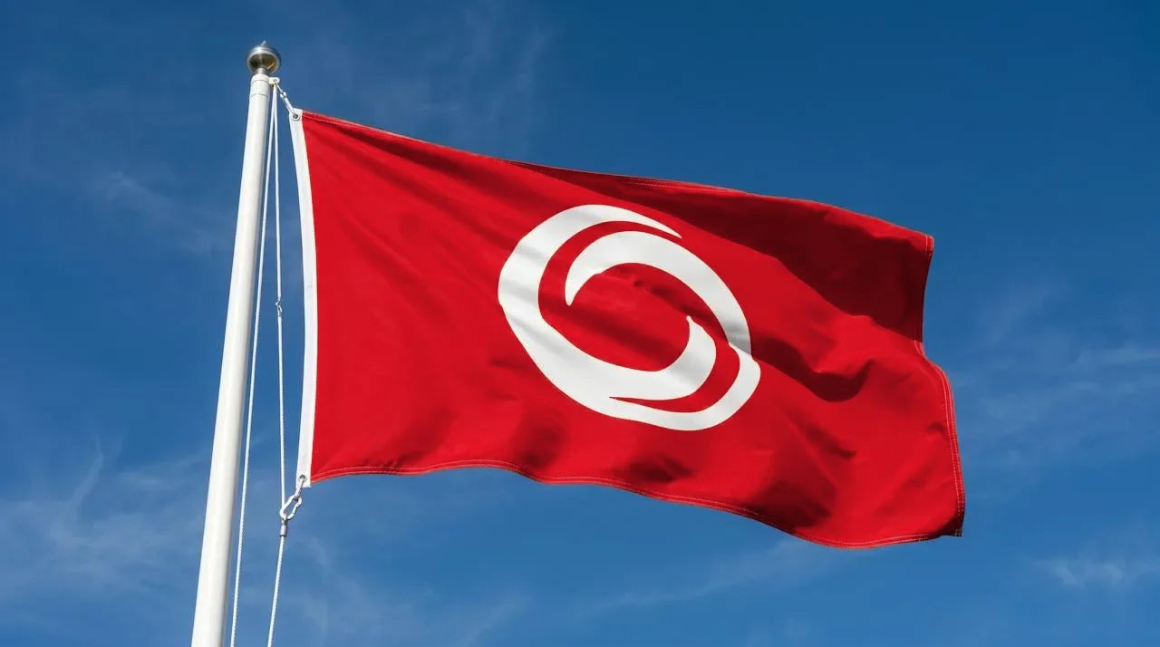 Rødt logoflag med hvidt logo mod blå himmel