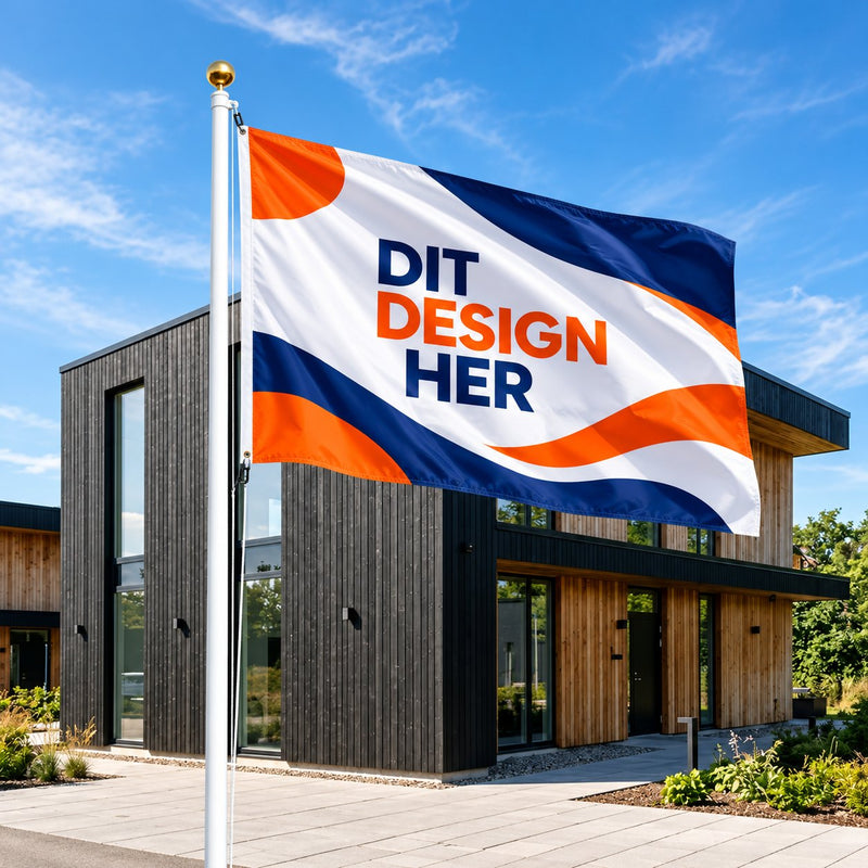Reklameflag 200 x 150 cm i bredformat med logo på flagstang
